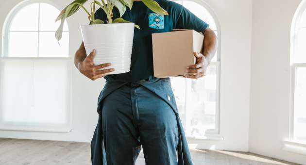 A person carrying a plant and box in an empty home.