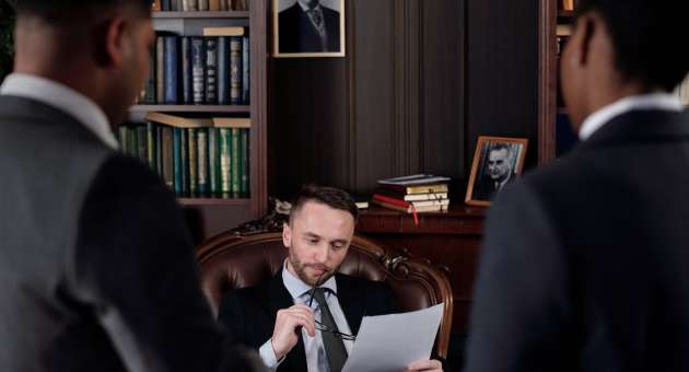 A lawyer sits in his office chair. Two other lawyers stand at the other side of his desk.